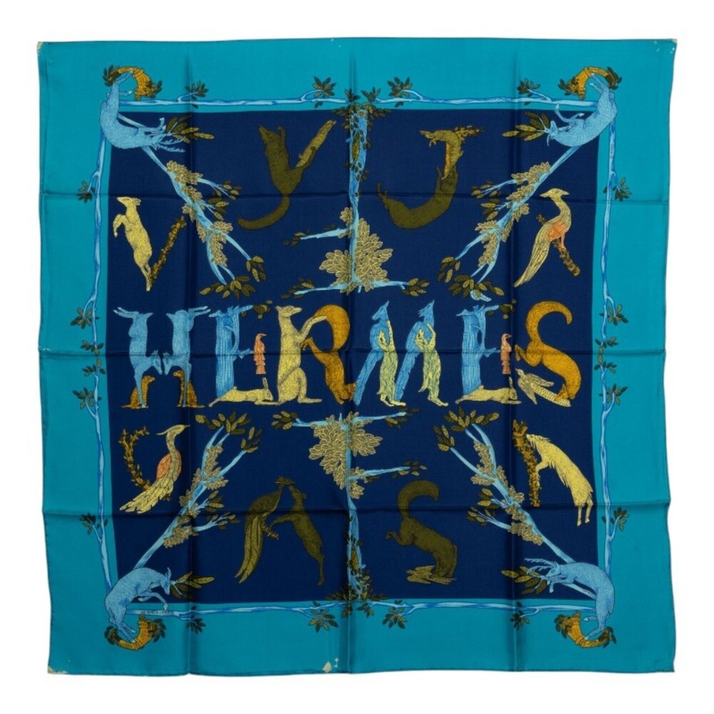 Hermes Carre 90 ANIMAL ALPHABET Forest Animal Scarf/Muffler, Blue Silk, Women's